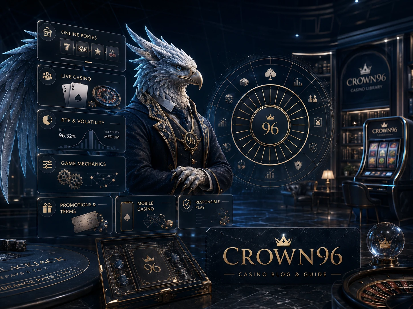 CROWN96 casino blog and guide mascot with online pokies, live casino, RTP, promotions and responsible play topics