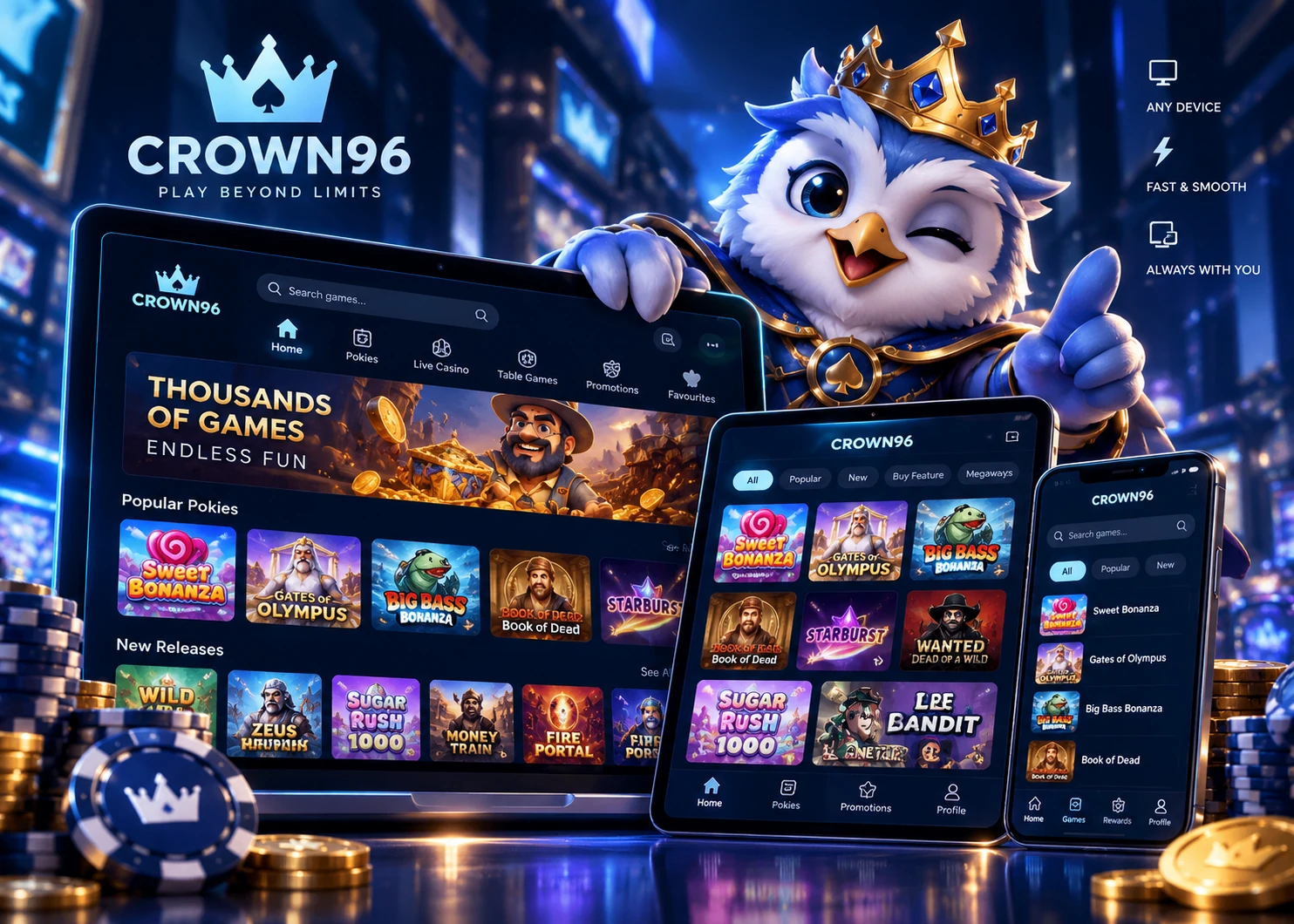 Responsive CROWN96 pokies interface